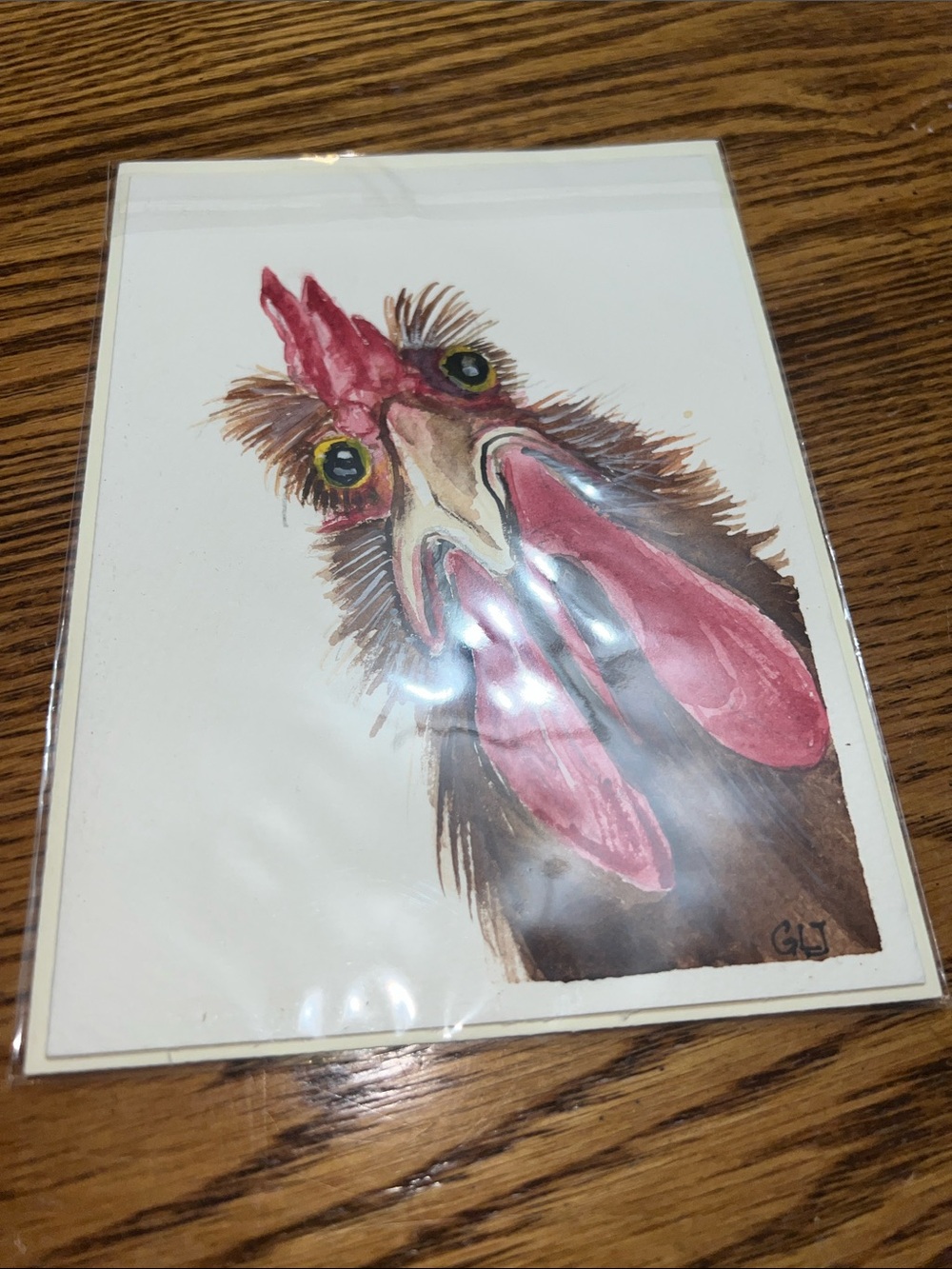 Hand Crafted watercolor Rooster Red and Brown Rooster Mixed Media Art OOAK